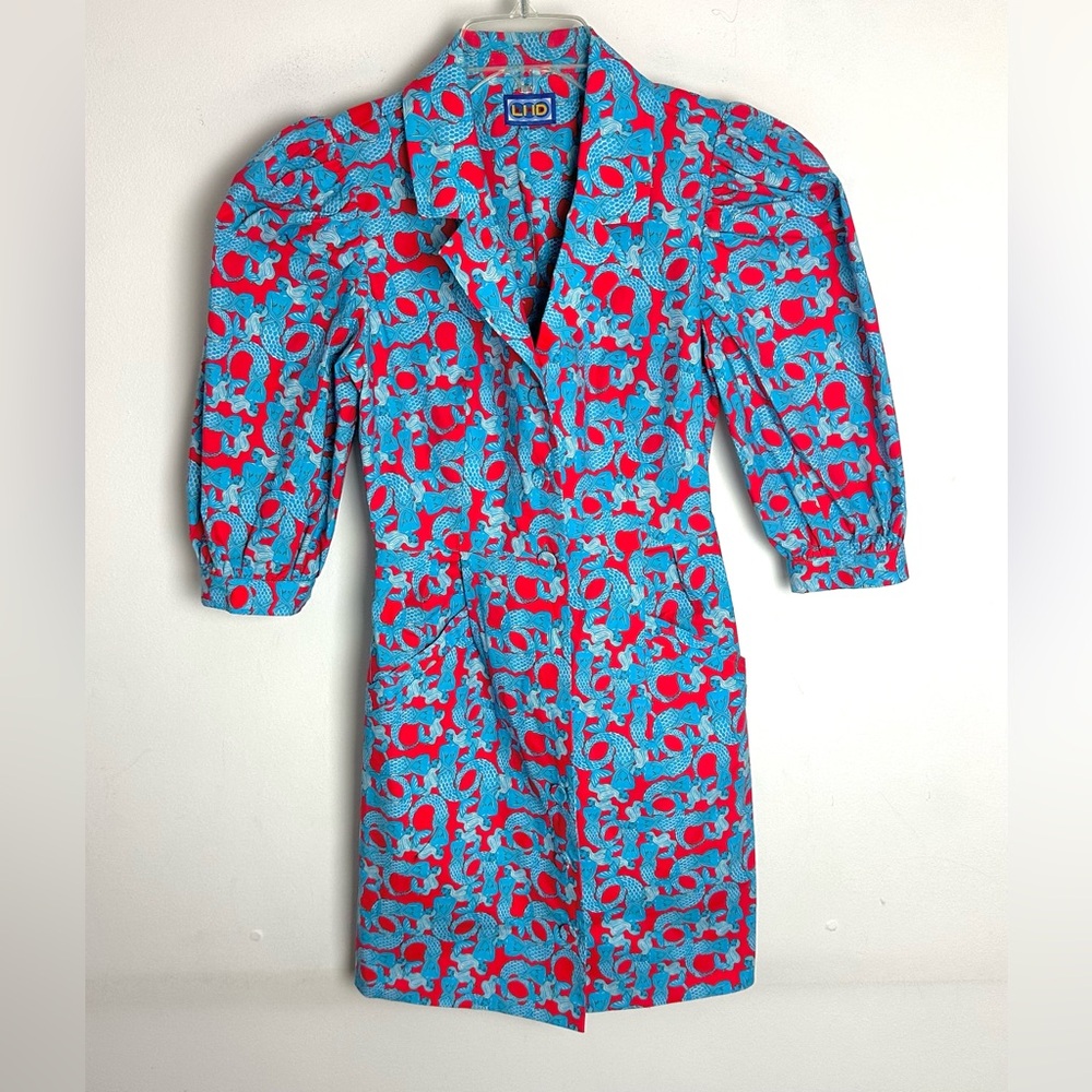 LHD Casitas Dress Womens 0 Blue All Over Mermaid Graphic Print Puff Sleeves